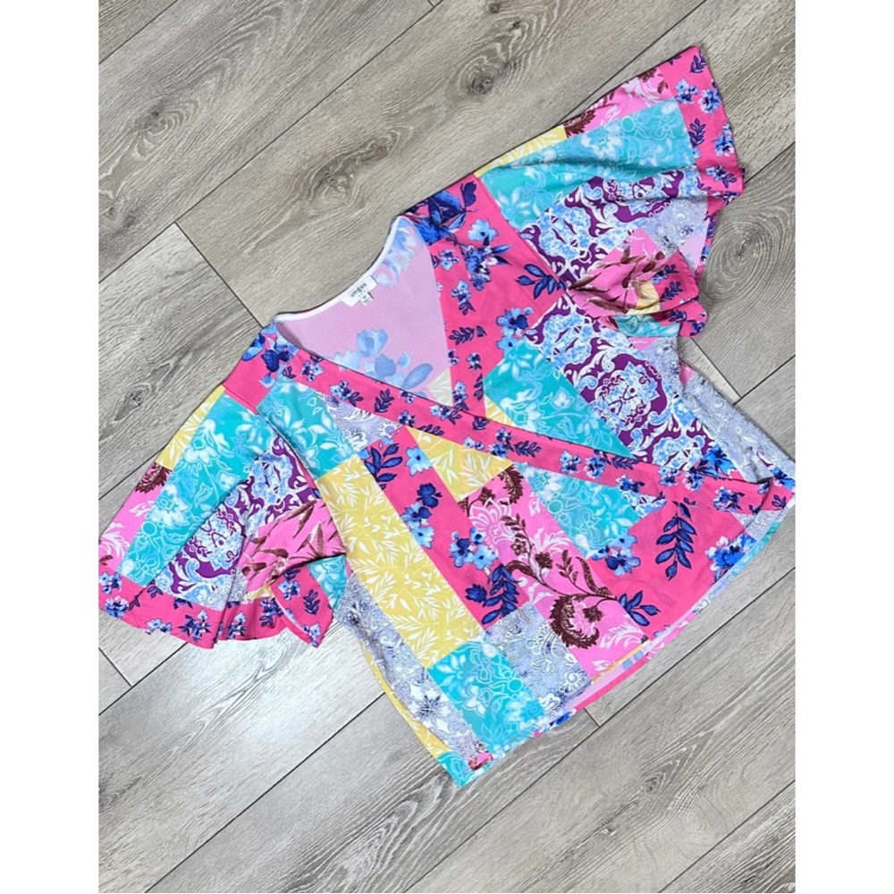 Umgee Mock Wrap Crossbody Flutter Sleeve Mixed Print Top - Picture 4 of 15